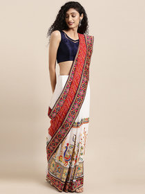 Meia White & Red Pure Georgette Embroidered Bandhani Saree