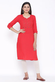 Veradiva Womens Rayon Embroidered Straight Kurta (Red)