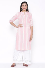Posaka Womens Rayon Stripe Print Straight Kurta Palazzo Set (Pink)
