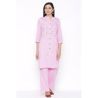                       Posaka Womens Rayon Embroidered and Printed Straight Kurta Pant Set (Pink)                                              