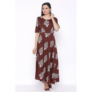                       Veradiva Womens Rayon Floral Print Flared Long Gown (Brown)                                              