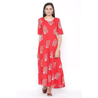                       Veradiva Womens Rayon Floral Print Flared Long Gown (Red)                                              