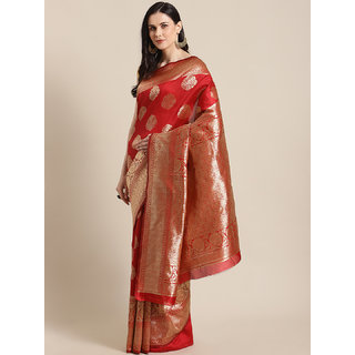                       Sharda Creation Women's Red Embellished With Blouse Saree                                              