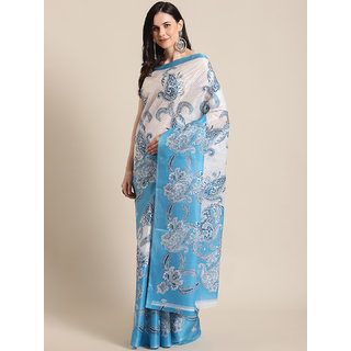                       Sharda Creation Women's Blue Printed With Blouse Saree                                              