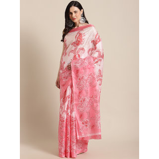                       Sharda Creation Women's Pink Printed With Blouse Saree                                              