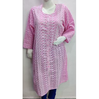                       White Embroidery Pink Chikankari Kurti                                              