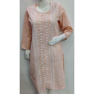 White Embroidery Light Peach Chikan kurti