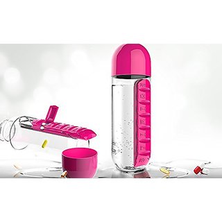 Ibs 600ml Pill Box Organizer With Water Bottle Weekkly Seven Compartments With Drinking Bottle - Pink
