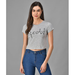                       Vivient Women Grey Meow Printed Crop Top                                              
