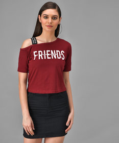 Raabta Fashion Maroon Friends Print Single Shoulder Half Sleeve Top