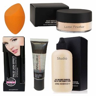                       7 combo of 3 in 1 liner, mascara, eyebrowpencil, infallible, studio face  body foundation, loose powder, blender puff                                              