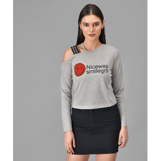 Raabta Grey Smiley Print Single Shoulder Full Sleeve Top