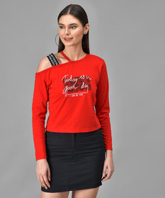 Raabta Red GOOD DAY Printed Single Shoulder Full Sleeve Top