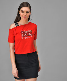 Raabta Red GOOD DAY Printed Single Shoulder Half Sleeve Top