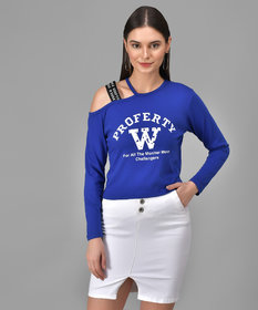 Raabta Royal Blue W Printed Single Shoulder Full Sleeve Top