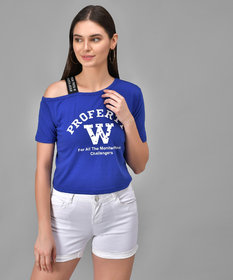 Raabta Royal Blue W Printed Single Shoulder Half Sleeve Top