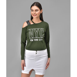                       Raabta Rama Green NYC Printed Single Shoulder Full Sleeve Top                                              