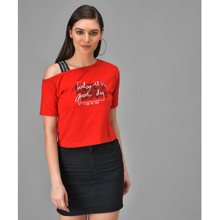                       Raabta Red GOOD DAY Printed Single Shoulder Half Sleeve Top                                              