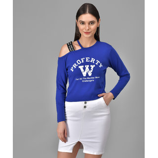                       Raabta Royal Blue W Printed Single Shoulder Full Sleeve Top                                              