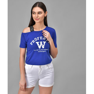                       Raabta Royal Blue W Printed Single Shoulder Half Sleeve Top                                              