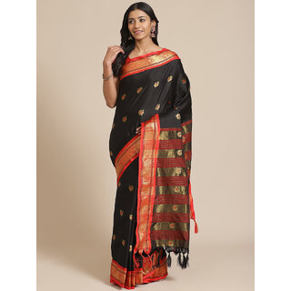                       Meia Black And Red Cotton Saree                                              