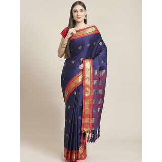                       Meia Navy Blue And Red Cotton Saree                                              