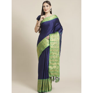                       Meia Navy Blue And Geen Cotton Saree                                              