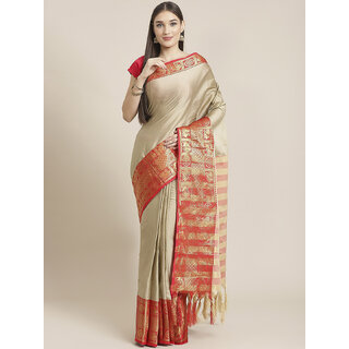                      Meia Cream And Red Cotton Saree                                              