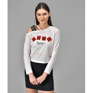                       Raabta White ACMB Printed Single Shoulder Full Sleeve Top                                              