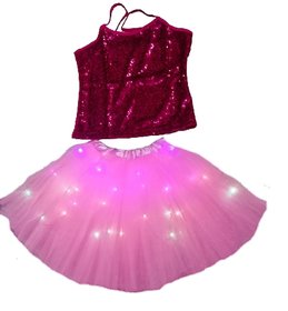 Kkalakriti Western Dance Skirt(LED) Top Pink Color Shiny Fancy Dress Costume For Kids Age 3-8Yrs  Birthday Dress
