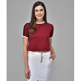                       Raabta Maroon Tri Contrast Shoulder T-Shirt                                              