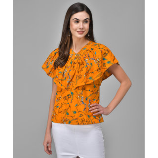                       Raabta Mustard Flower V-Neck Flare Top                                              