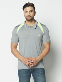 Glito Men's Grey & Neon Green Stripe Running,Gym wear & Active wear Polo Collar Sports T-shirt