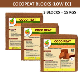 Cocopeat Blocks (3 Blocks - 15kgs )Low EC - Growing medium for terrace gardening, hydroponics, Seed germination