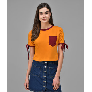                       Raabta Mustard Tee With Maroon Pipping  Sleeve Knot                                              