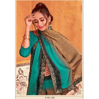 Chitra fashion studio beautiful grey  turqoise  colour printed bollywood poly georgette saree with blouse piece