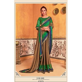                       Chitra fashion studio beautiful blue green grey 3colour shaded printed bollywood poly georgette saree with blouse piece                                              