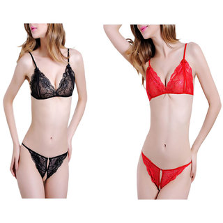 Buy Lace Bra and Panty Set Red Black Online - Get 65% Off