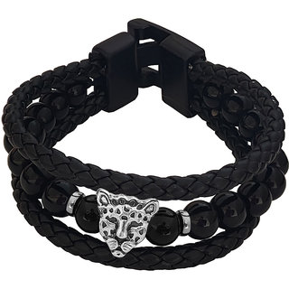                       Sullery Fashion Lopard  Charm Three  layer Genuine Casual Leather And onyx Crystal  Wraps Bracelet  For Men And Women                                              