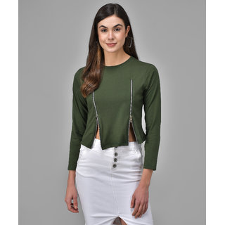                       Raabta Rama Green Double Zipper Tees With Full Sleeves                                              