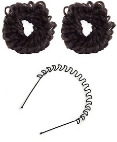 Maahal Set of 02 Fancy Rubber Juda (Brown) and 1 Zigzag Hair Band Hair Accessories for Women and Girls