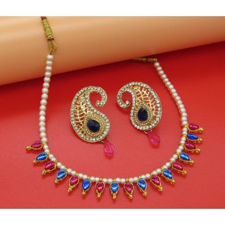                       Pink and Blue Mango Earring Pearl Necklace Set                                              