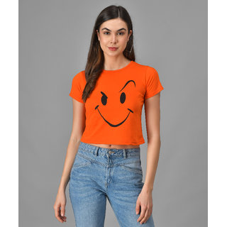                       Elizy Women Orange Smiley Face Printed T-shirts                                              