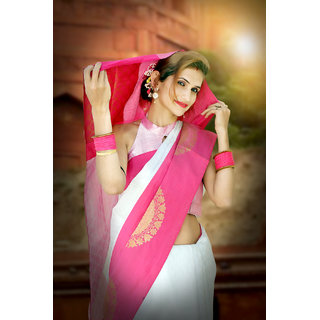                       The Sarees hub Banarasi kora muslin zari border saree with blouse piece                                              