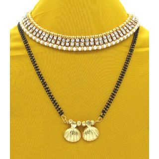                       Two line stone necklace with Black Manglsutra                                              