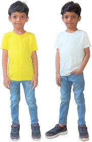 Rish - Polyester Plain Round Neck Half Sleeves Kids Tshirts for Boy / Girl / Infant - White & Yellow (Pack Of 2)