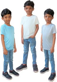 Rish - Polyester Plain Round Neck Half Sleeves Kids Tshirts for Boy / Girl / Infant - Grey, Blue & White (Pack Of 3)