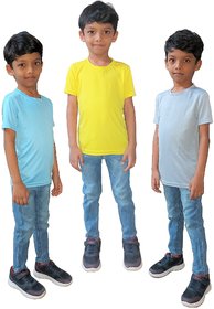 Rish - Polyester Plain Round Neck Half Sleeves Kids Tshirts for Boy / Girl / Infant - Grey, Blue & Yellow (Pack Of 3)
