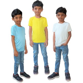 Rish - Polyester Plain Round Neck Half Sleeves Kids Tshirts for Boy / Girl / Infant - Blue, White & Yellow (Pack Of 3)