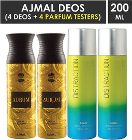 Ajmal 2 Aurum Femme For Women And 2 Distraction For Men & Women High Quality Deodorants Each 200Ml Combo Pack Of 4 (Total 800Ml) 2 Parfum Testers Perfume Body Spray  -  For Men & Women (800 Ml, Pack Of 4)